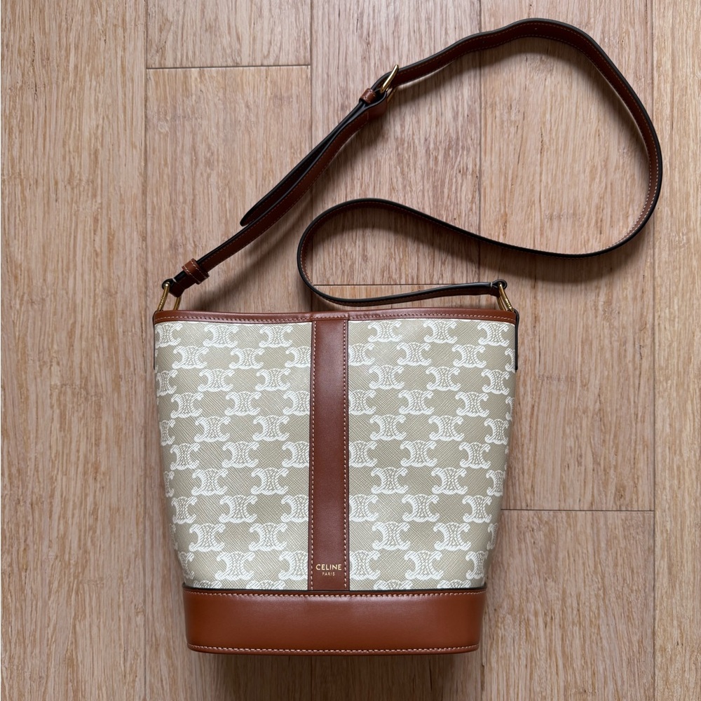 CELINE SMALL BUCKET IN TRIOMPHE CANVAS AND CALFSKIN